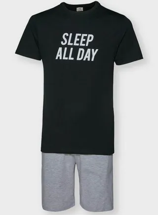 2-Piece Sleep All Day Printed T-Shirt And Pant Set Black/White/Grey 
