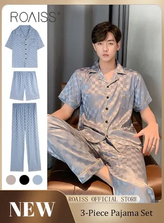 3-Piece Set Men's Short Sleeves Pajamas Pants Trousers Sleepwear Sets Satin Grid Printing Silk Nightgown Male Loose Shirts Spring Summer Loungewear Home Clothes 