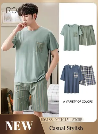 2-Piece Pajama Set Men's Modal Short-Sleeved T-Shirt Short Pants Sets Stripe Pattern Sleepwear Nightgown Male Loose Spring Summer Thin Loungewear Home Clothes Green 
