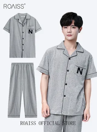 2-Piece Pajama Set Men's Cotton Short-Sleeved T-Shirt Long Pants Sets Pattern Sleepwear Nightgown Male Loose Spring Summer Thin Loungewear Home Clothes Grey 