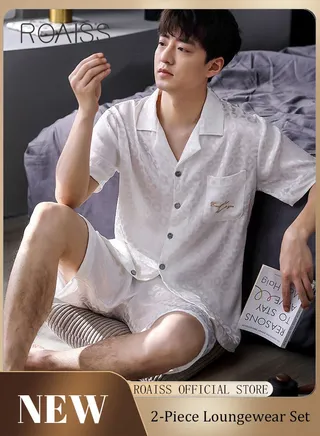 Men 2 Piece Loungewear Set   Short Sleeves & Shorts Ice Silk Pajamas   Comfortable Skin Friendly Fabric Ideal for Home & Outdoor Wear 