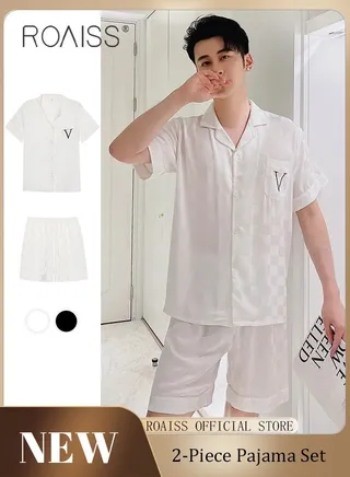2-Piece Set Men's Short Sleeves Pajamas Pants Sleepwear Sets Satin Grid Printing Silk Nightgown Male Loose Shirts Spring Summer Thin Loungewear Home Clothes White 
