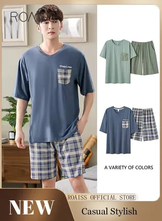 2-Piece Pajama Set Men's Modal Short-Sleeved T-Shirt Short Pants Sets Grid Pattern Sleepwear Nightgown Male Loose Spring Summer Thin Loungewear Home Clothes Blue 