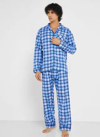 Men's Traditional Brushed Cotton Check Pyjama Set In Blue Check ~ (24