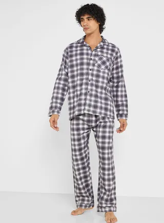 Men's Traditional Check Brushed Cotton Pyjama Set In Grey Check~ (24
