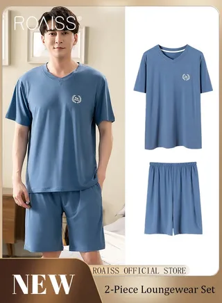 Men 2 Piece Loungewear Set Short Sleeves & Shorts Modal Pajamas Loose & Comfortable Skin Friendly Fabric Soft & Versatile Design 