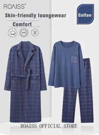 3 Piece Warm Pajamas Set for Men Lattice Simple Robe Long Cotton Sleepwear Suit Soft Home Men Pyjamas Set Autumn Winter Loose Skin Friendly Loungewear 