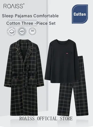 3 Piece Warm Pajama Set for Men Lattice Long Robe Sleepwear Suit Soft Home Men Pyjamas Set Autumn Winter Skin Friendly Loungewear 