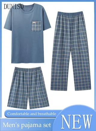 3-Piece Men's Pajamas Sets with Short Sleeves Grid Printing Trousers and Short Pants Males Round Neck Sleepwear Cotton Nightgown Loungewear  Homewear Clothes 