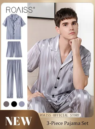 3-Piece Set Men's Short Sleeves Pajamas Pants Trousers Sleepwear Sets Satin Grid Printing Silk Nightgown Male Loose Shirts Spring Summer Loungewear Home Clothes 