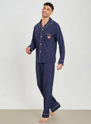 Teddy Print Piped Detail Shirt & Pyjama Set