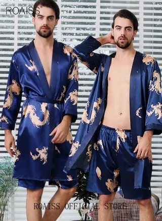 Pajama Shorts and Robe for Men Silk Dragon Pattern Pajamas Bathrobe gift for Boyfriend Husband Summer Loungewear Nightwear for Men 