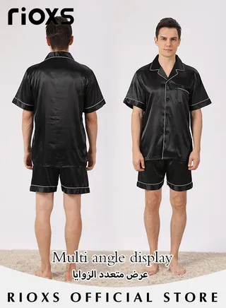 Men's 2 Pcs Satin Pajamas Set Silk Short Sleeve Top And Shorts Button Up Sleepwear Classic Loungewear Nightwear Pjs Set 