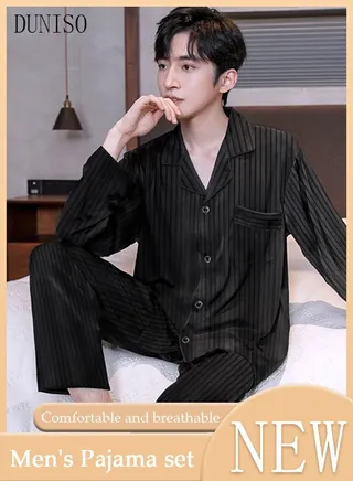 2-piece Men' s Pajama Sets Silk Satin Sleepwear Fashion Loungewear Nightwear Long Sleeve Notch Neck Shirt with Button Down and Waist Elastic Pants Pajama Set for Men 