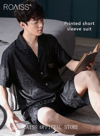 Men 2 Piece Loungewear Set   Short Sleeves & Shorts Ice Silk Pajamas   Comfortable Skin Friendly Fabric Ideal for Home & Outdoor Wear 