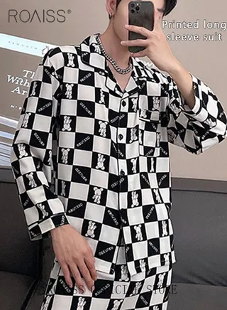 Men Ice Silk Loungewear Set  Long Sleeves & Pants  Soft Comfortable & Skin friendly  Loose and Thin  Can be Worn at Home or Outside 