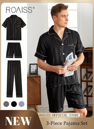 3-Piece Set Men's Short Sleeves Pajamas Pants Trousers Sleepwear Sets Satin Grid Printing Silk Nightgown Male Loose Shirts Spring Summer Loungewear Home Clothes 