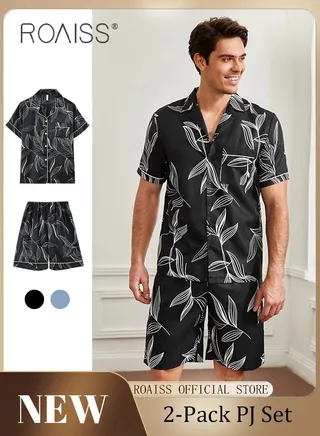 2-Piece Set Men's Short Sleeves Pajamas Pants Sleepwear Sets Satin Leaf Printing Silk Nightgown Male Loose Shirts Spring Summer Thin Loungewear Home Clothes 