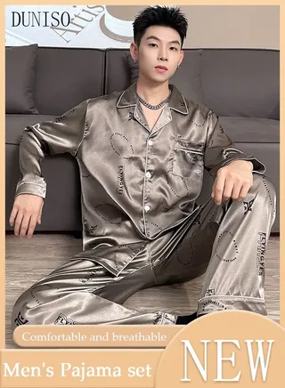 2-piece Men' s Pajama Set Silk Satin Long Sleeve Sleepwear with Button and Top Pockets Classic Loungewear Nightwear Notch Neck Shirt and Waist Elastic Pants Pajama for Men 