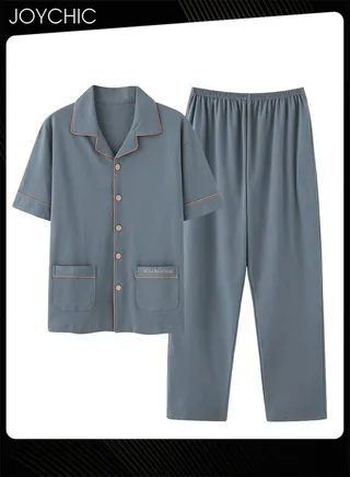 2-piece Casual Spring Summer Autumn Men's Pajamas Set Pure Cotton Short-sleeved Trousers Loose Youth Home Sleepwear Comfort Breathable Cardigan Suit Blue 