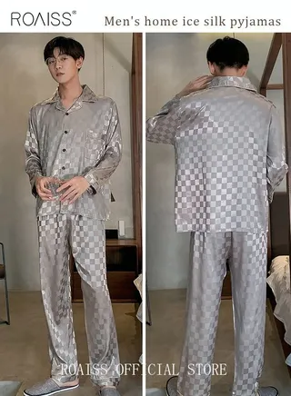 2-Piece Set Men's Long Sleeves Sleepwear Sets Satin Checked Printing Sleepwear Pajamas Pants Silk Nightgown Male Loose Shirts Spring Summer Loungewear Home Clothes 