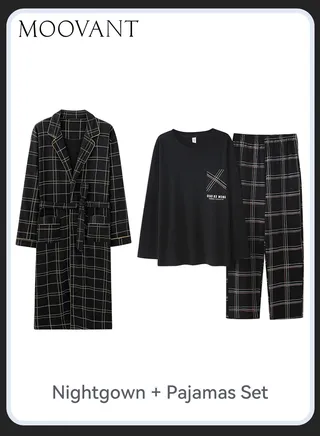 3-Piece Men's Pajamas Set Skin-friendly Cotton Home Wear Set Lattice Simple Robe Long Cotton Sleepwear Suit Soft Men Pyjamas Set Loose Skin Friendly Loungewear Black 