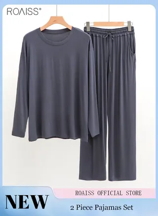 2 Piece Modal Pajamas Men'S Daily Lightweight Round Neck Long Sleeve Top And Elastic Waist Wide Leg Pants Home Wear Set 