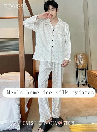 2-Piece Set Men's Long Sleeves Sleepwear Sets Satin Checked Printing Sleepwear Pajamas Pants Silk Nightgown Male Loose Shirts Spring Summer Loungewear Home Clothes 