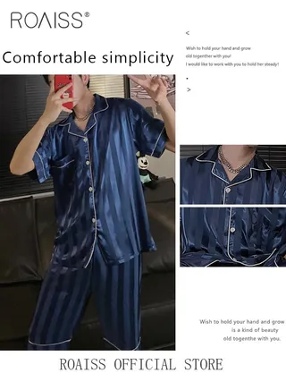Men 2 Piece Loungewear Set Short Sleeves & Shorts Ice Silk Pajamas Comfortable Skin Friendly Fabric Ideal for Home & Outdoor Wear 