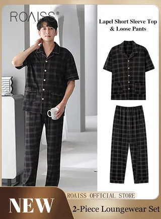 2-Piece Pajama Set Men's Cotton Short-Sleeved T-Shirt Long Pants Sets Grid Pattern Sleepwear Nightgown Male Loose Spring Summer Thin Loungewear Home Clothes 