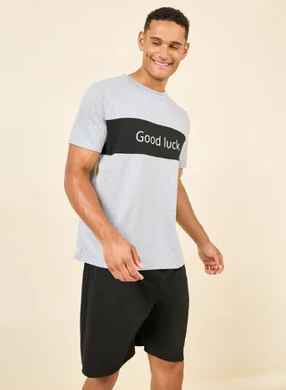 Good Luck Print Crew Neck T-shirt and Short Set