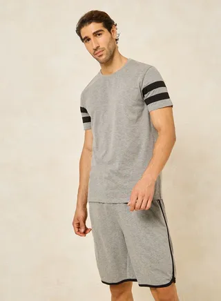 Striped Sleeve Print Crew Neck T-Shirt & Shorts Set