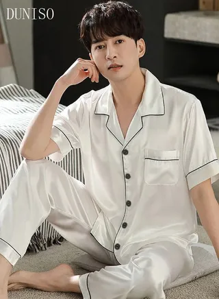 Men's Soft Pajamas Set Silky Sleepwear 2 Piece Short sleeve Summer Pajama Set Sleepwear Nightwear Loungewear Button-Down Pajama Sets 