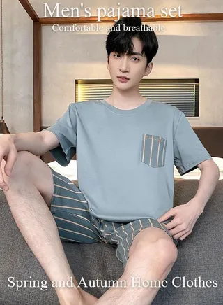 Men's Pajamas Set Nightwear Lightweight Round Neck Short Sleeve Stripes Short Pant Lounge 2 Pieces Sleepwear Nightgown Male Spring Summer Loungewear 