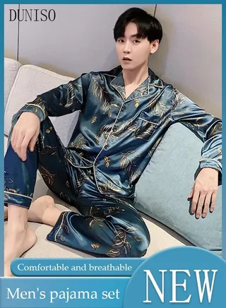 2-Piece Men's Pajamas Sets Long Sleeves Pants Silk Sleepwear Set Full Button-down Top with Notch Collar Shirt Loungewear Printing Homewear Green 