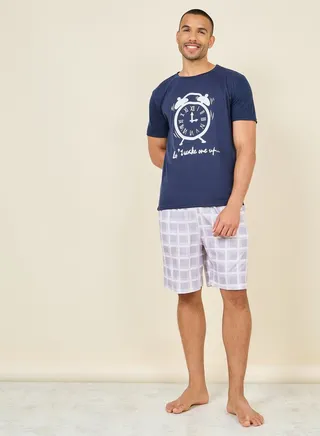 Clock Slogan Print T-shirt and Checkered Short Set 