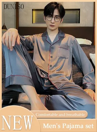 2-piece Men' s Pajama Sets Silk Satin Long Sleeve Sleepwear with Button Classic Loungewear Nightwear Notch Neck Shirt and Waist Elastic Pants Pajama Set for Men Black 