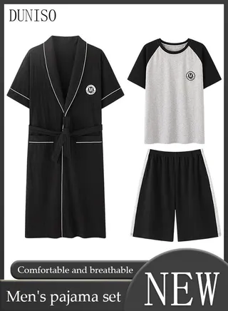 3 Piece Men' s Pajamas Set Long Robe Sleepwear Suit with Short Sleeves and Shorts Cotton Home Wear Males Soft Night Wear set Loungewear 