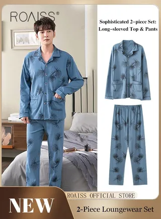 2-Piece Pajama Set Men's Cotton Long Sleeved T-Shirt Long Pants Sets Leaves Print Pattern Sleepwear Nightgown Male Loose Spring Summer Thin Loungewear Home Clothes 