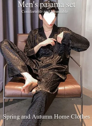2-Piece Pajamas Sets For Men Long Sleeves and Trousers Silk Homewear Full Button-down Top with Notch Collar Shirt Sleepwear Set Spring Autumn Luxury Loungewear 