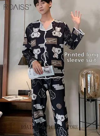 Men Ice Silk Loungewear Set  Long Sleeves & Pants  Soft Comfortable & Skin friendly  Loose and Thin  Can be Worn at Home or Outside 
