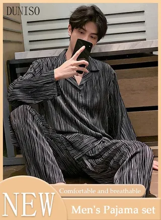 2-piece Men' s Pajama Set Silk Satin Long Sleeve Sleepwear with Button Classic Loungewear Nightwear Notch Neck Shirt and Waist Elastic Pants Pajama for Men 