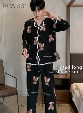 Men Ice Silk Loungewear Set  Long Sleeves & Pants  Soft Comfortable & Skin friendly  Loose and Thin  Can be Worn at Home or Outside 