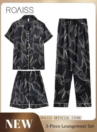 Men 3 Piece Loungewear Set   Short Sleeves Shorts & Long Pants   Ice Silk Pajamas Loose & Comfortable Skin Friendly Fabric 