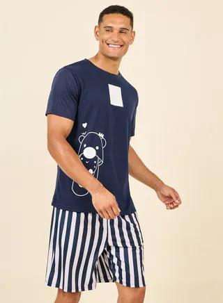 Teddy Graphic Print Crew Neck T-Shirt and Striped Short Set