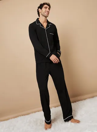 Piping Detail Long Sleeves Shirt and Pyjama Nightwear Set
