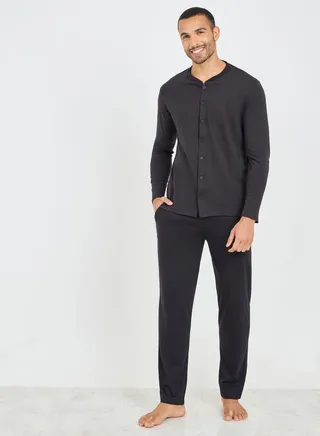 Solid Mandarin Collar Knit Shirt and Straight Pyjama Set 
