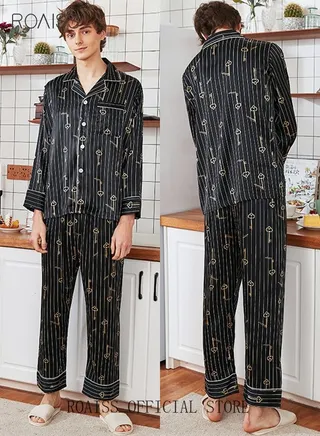 2-Piece Set Men's Long Sleeves Sleepwear Sets Satin Stripe Printing Sleepwear Pajamas Pants Silk Nightgown Male Loose Shirts Spring Summer Loungewear Home Clothes Black 