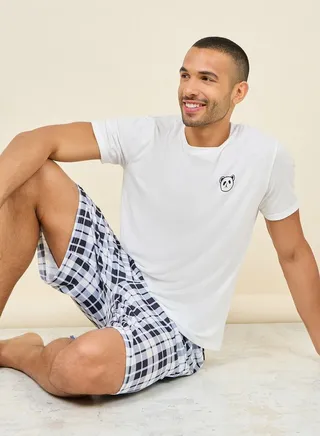 Panda Print Crew Neck T-shirt and Checkered  Short Set 