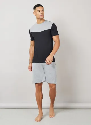 Colorblock Melange T-Shirt & Solid Drawstring Shorts Set 